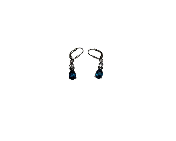 Elegant Womens Blue Dangling Crystal Earrings Gunmetal Finish Drop Style