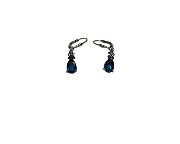Elegant Womens Blue Dangling Crystal Earrings Gunmetal Finish Drop Style