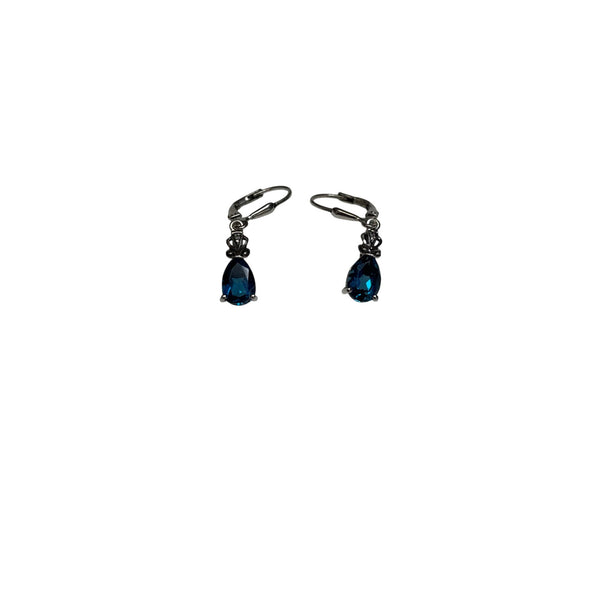 Elegant Womens Blue Dangling Crystal Earrings Gunmetal Finish Drop Style