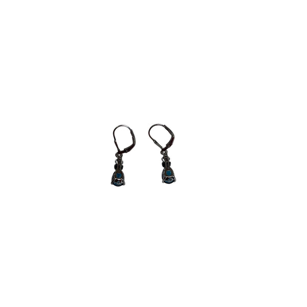 Elegant Womens Blue Dangling Crystal Earrings Gunmetal Finish Drop Style