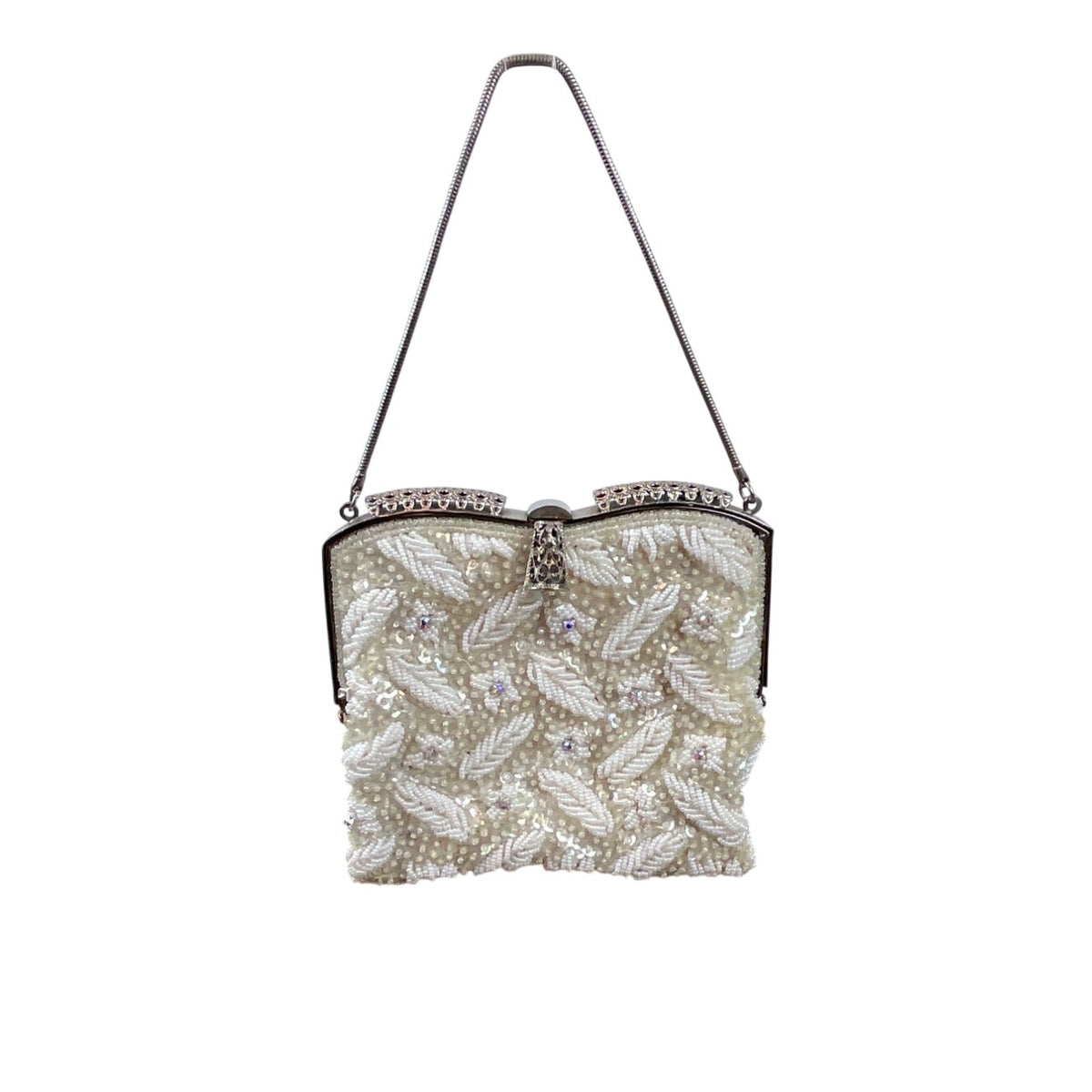 Vintage White Ivory Beads Clasp Closure Metal Handle Evening Clutch Sz S