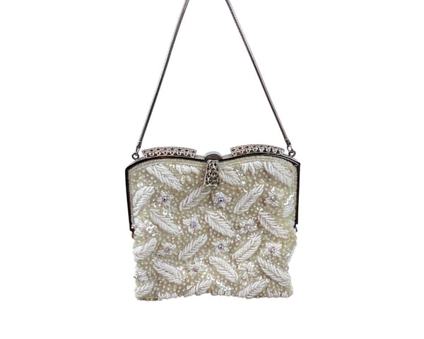 Vintage White Ivory Beads Clasp Closure Metal Handle Evening Clutch Sz S
