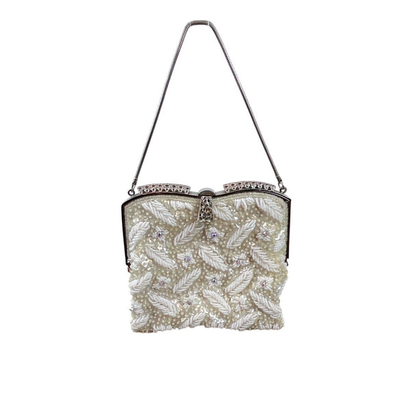 Vintage White Ivory Beads Clasp Closure Metal Handle Evening Clutch Sz S