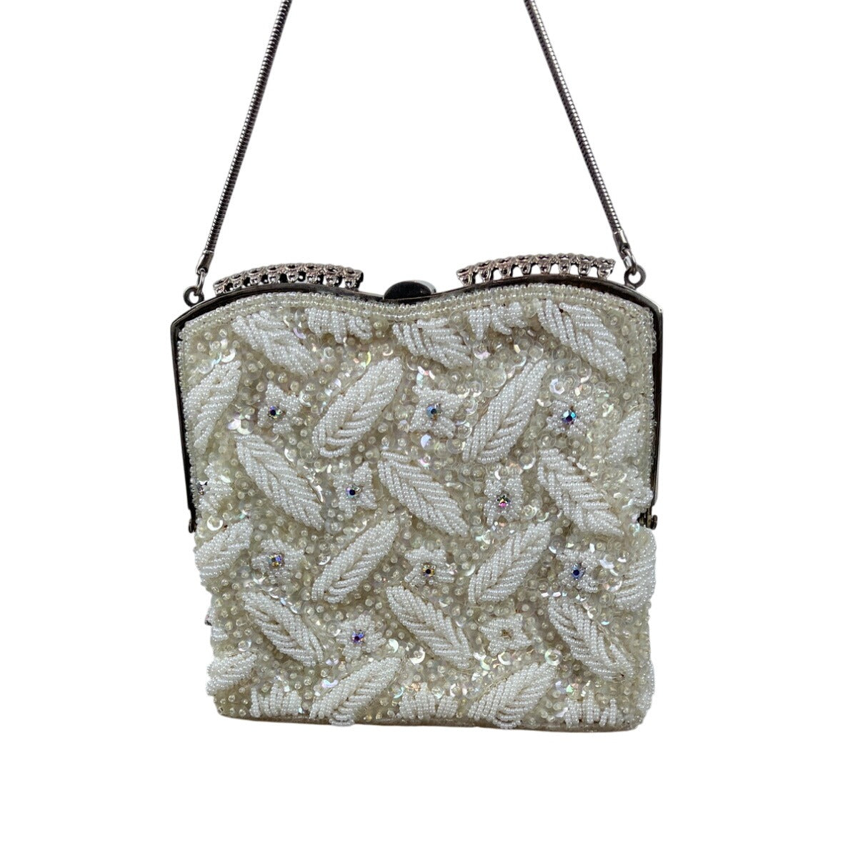 Vintage White Ivory Beads Clasp Closure Metal Handle Evening Clutch Sz S