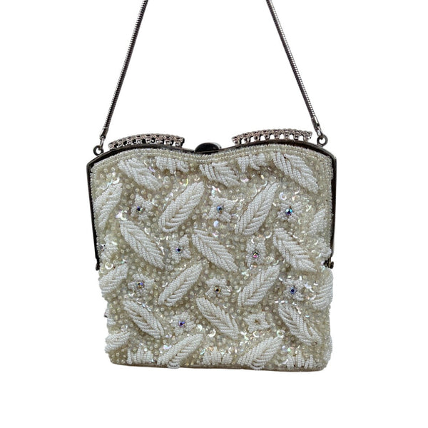Vintage White Ivory Beads Clasp Closure Metal Handle Evening Clutch Sz S