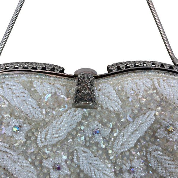Vintage White Ivory Beads Clasp Closure Metal Handle Evening Clutch Sz S