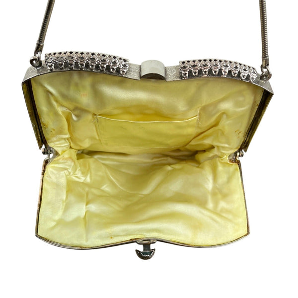 Vintage White Ivory Beads Clasp Closure Metal Handle Evening Clutch Sz S