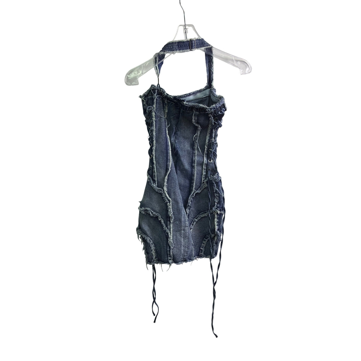 Micas Womens Blue Denim Halter Mini Dress With Raw Hem Detailing Size XS Unique Micas Womens Blue Denim Halter Mini Dress With Raw Hem Detailing Size XS Unique