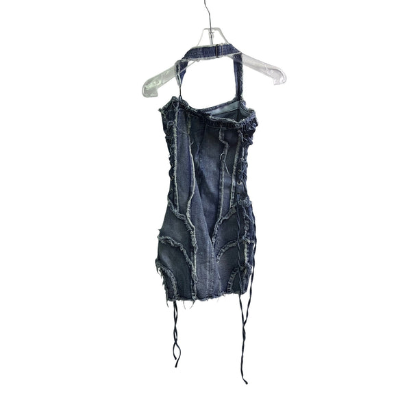 Micas Womens Blue Denim Halter Mini Dress With Raw Hem Detailing Size XS Unique Micas Womens Blue Denim Halter Mini Dress With Raw Hem Detailing Size XS Unique