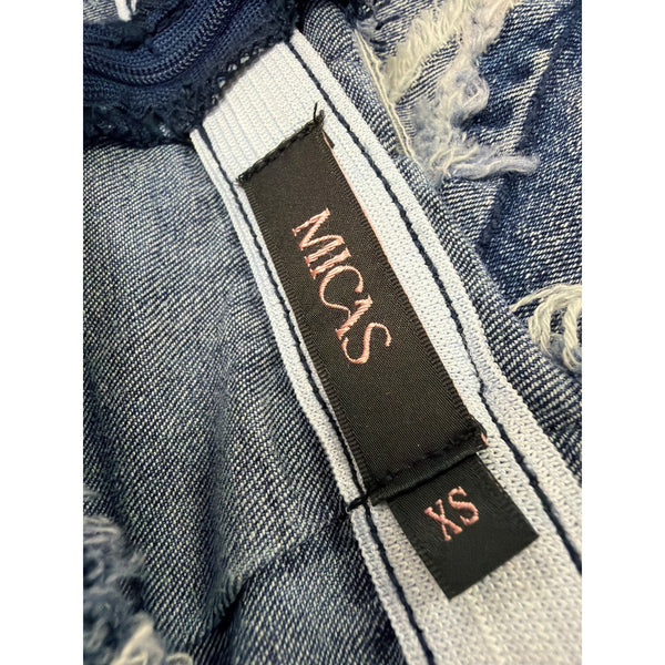 Micas Womens Blue Denim Halter Mini Dress With Raw Hem Detailing Size XS Unique Micas Womens Blue Denim Halter Mini Dress With Raw Hem Detailing Size XS Unique
