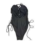 Black Ribbed Lace-Up One-Piece Swimsuit With Adjustable Straps & Side Ties