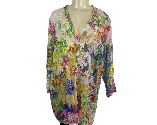 Johnny Was Floral Patchwork Button-Down Tunic Top Multicolor Size XXL