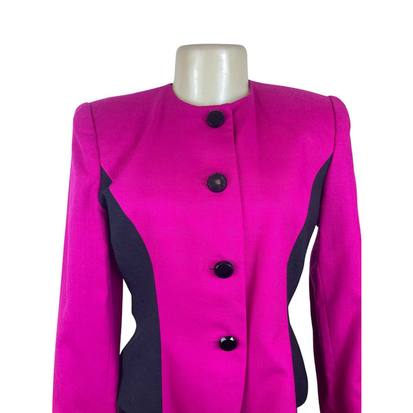 Vintage Kasper Womens Fuchsia & Black Button Blazer Stylish Design Size 4