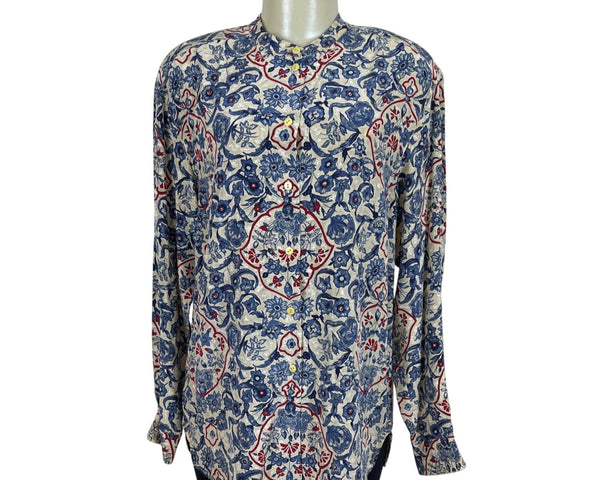 First Issue Womens Floral Silk Blouse Long Sleeve Indigo Red Beige Size L