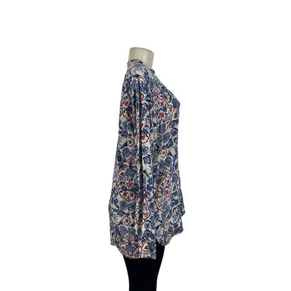 First Issue Womens Floral Silk Blouse Long Sleeve Indigo Red Beige Size L