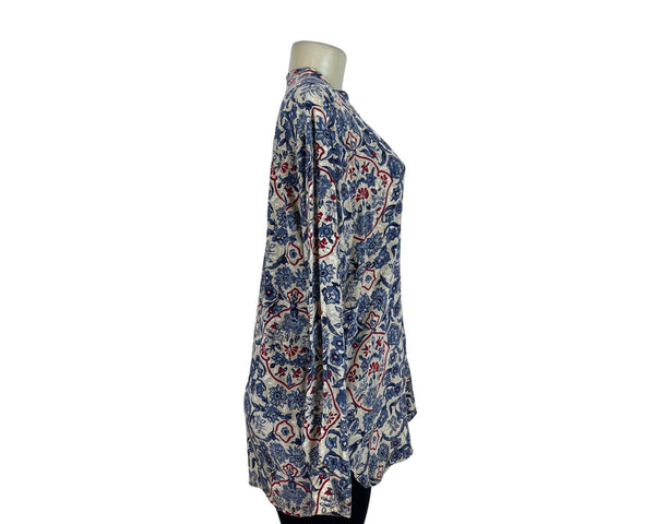 First Issue Womens Floral Silk Blouse Long Sleeve Indigo Red Beige Size L