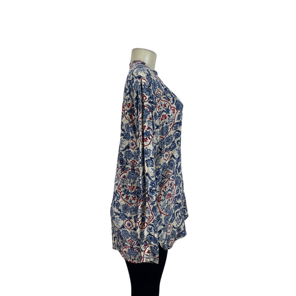 First Issue Womens Floral Silk Blouse Long Sleeve Indigo Red Beige Size L