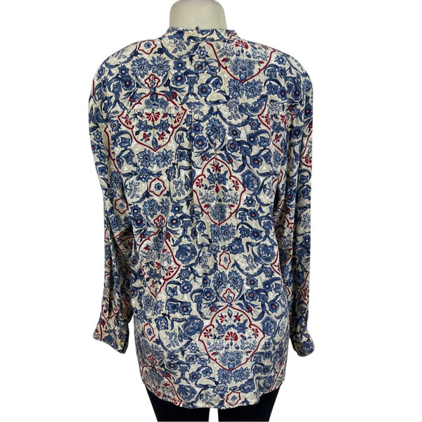 First Issue Womens Floral Silk Blouse Long Sleeve Indigo Red Beige Size L