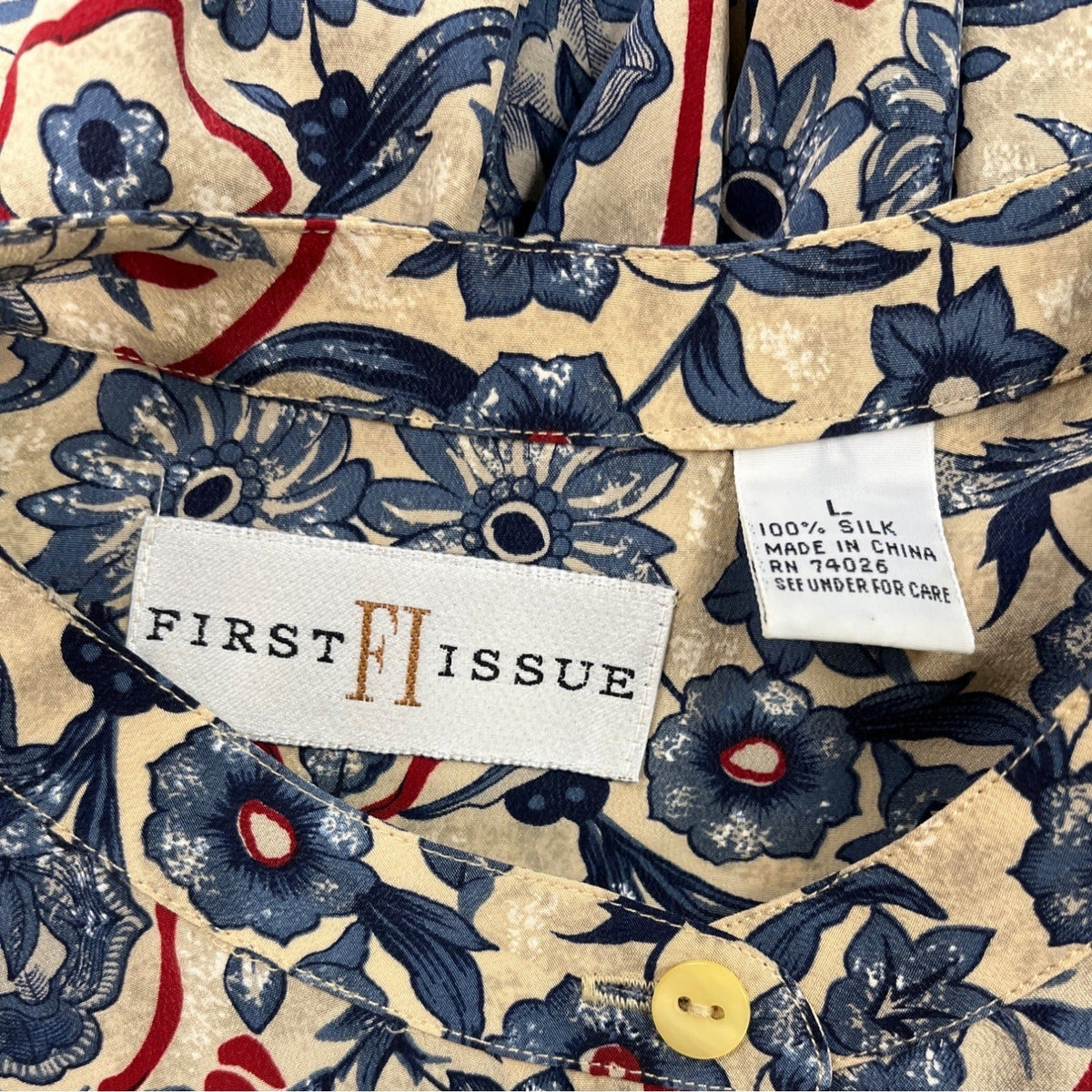 First Issue Womens Floral Silk Blouse Long Sleeve Indigo Red Beige Size L