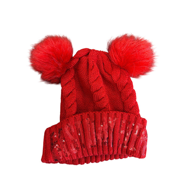 Disney Adult Red Knit Hat W/ Pom Poms & Sequins Cozy Winter Accessory