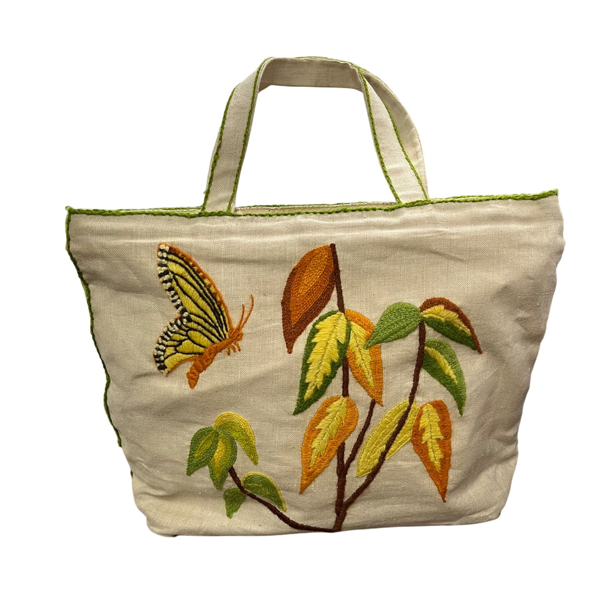 Butterfly Embroidered Linen Bag Neutral Color Tote With Green Accent Hand-Stitched