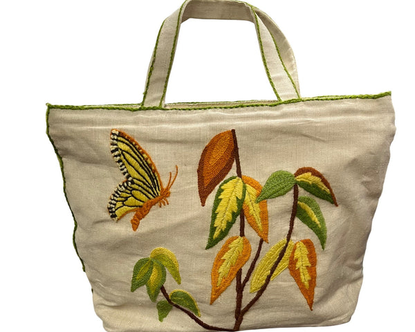 Butterfly Embroidered Linen Bag Neutral Color Tote With Green Accent Hand-Stitched