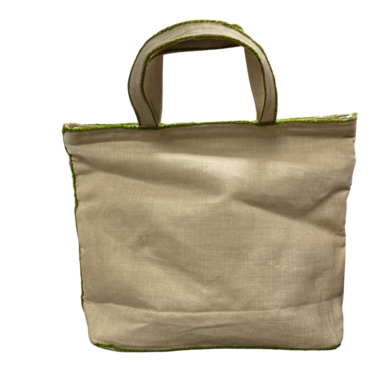 Butterfly Embroidered Linen Bag Neutral Color Tote With Green Accent Hand-Stitched