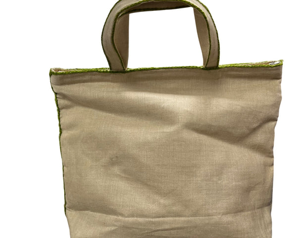 Butterfly Embroidered Linen Bag Neutral Color Tote With Green Accent Hand-Stitched