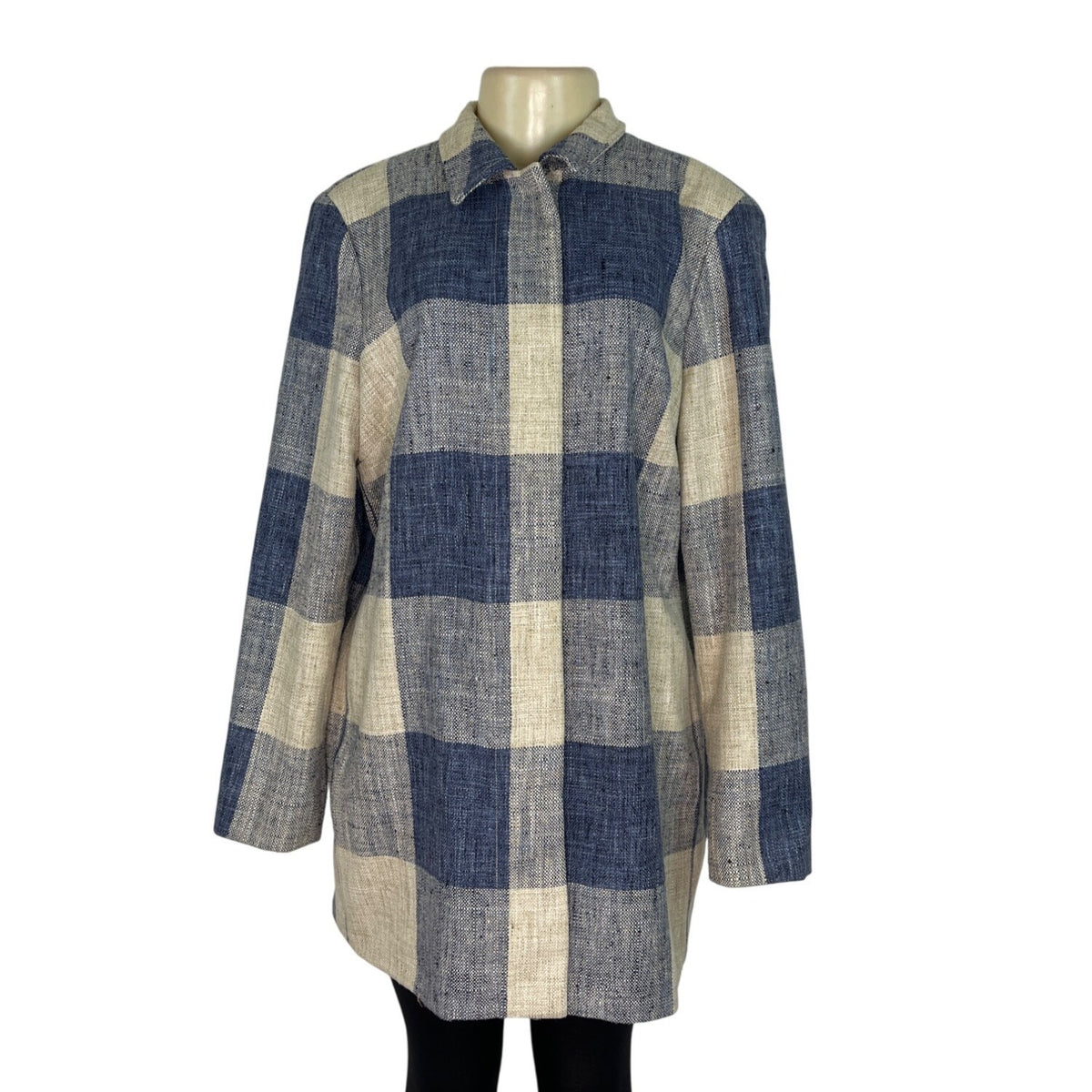J.McLaughlin Womens Blue & Cream Plaid Linen Blend Button-down Jacket Size XL