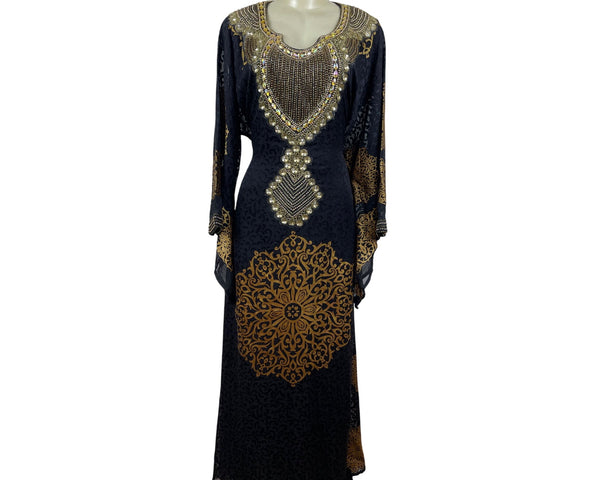 Embellished Black & Gold Kaftan Dress W/ Intricate Beading & Tie-Back Waist Sz M