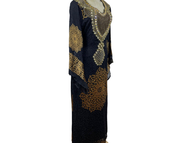 Embellished Black & Gold Kaftan Dress W/ Intricate Beading & Tie-Back Waist Sz M