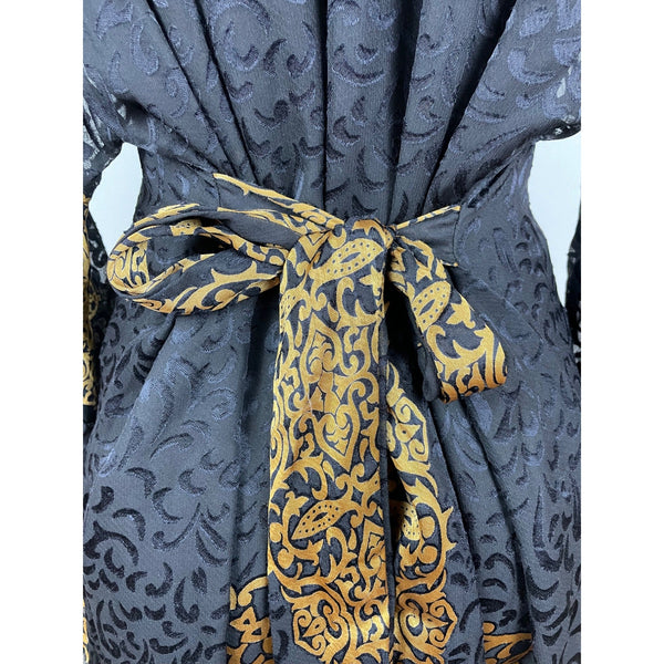 Embellished Black & Gold Kaftan Dress W/ Intricate Beading & Tie-Back Waist Sz M