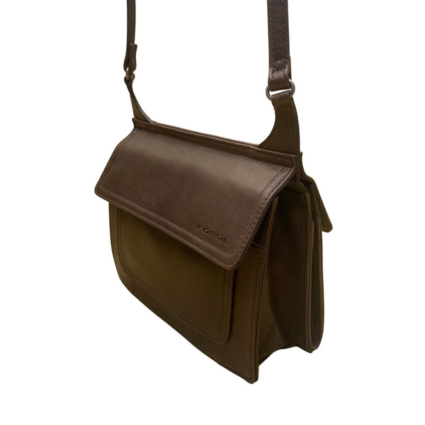 Fossil Women’s Brown Leather Flap Closure Adjustable Strap Crossbody Bag