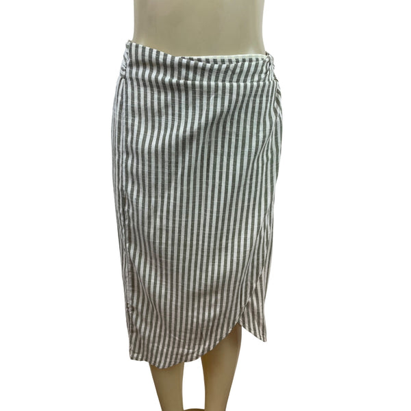 June & Hudson Gray & White Striped Wrap Skirt With Tie Waist & Back Slit S - New