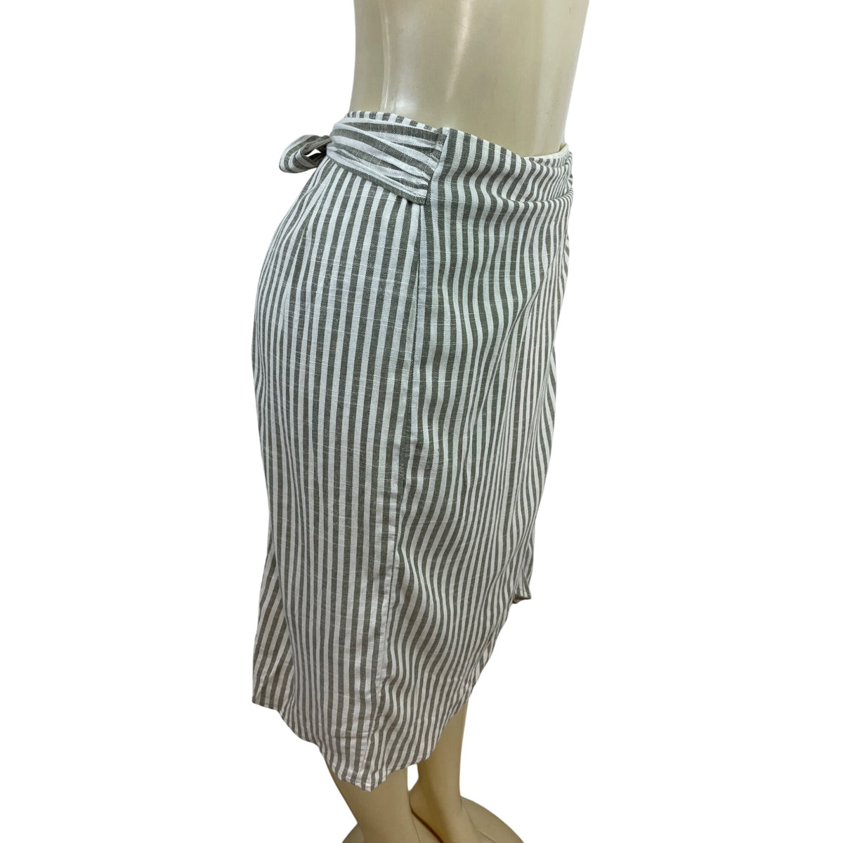 June & Hudson Gray & White Striped Wrap Skirt With Tie Waist & Back Slit S - New
