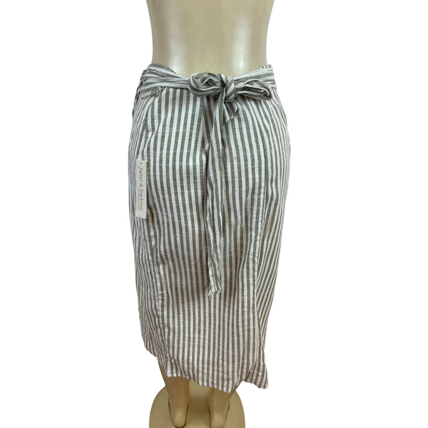 June & Hudson Gray & White Striped Wrap Skirt With Tie Waist & Back Slit S - New