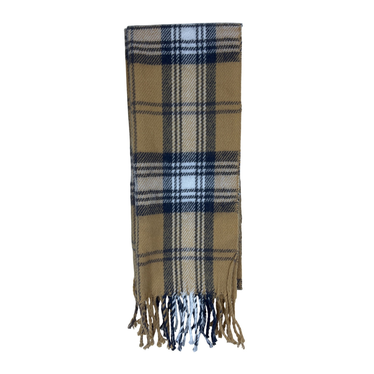 Tan Plaid Acrylic Scarf With Fringe Design Lightweight Warm Accessory For All Seasons
