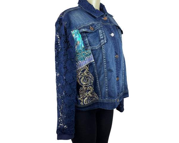 Berek Womens Medium Denim Jacket With Lace Sleeves Size 1X