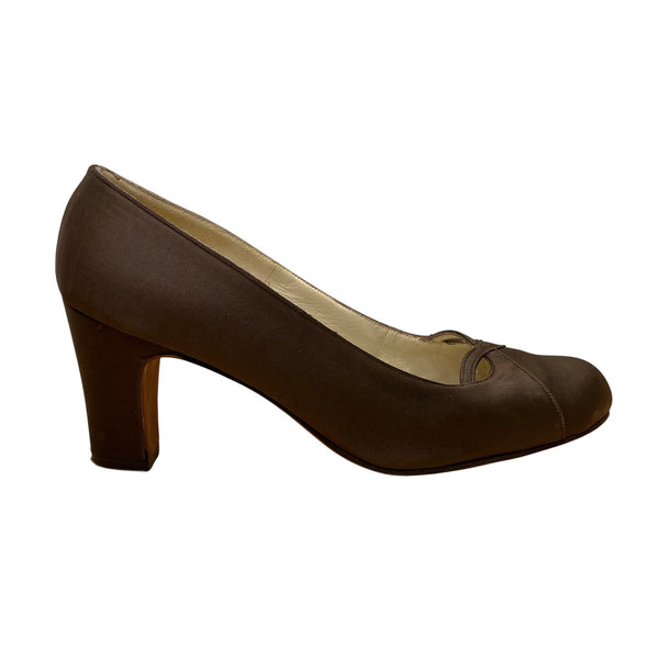 Saks Fifth Avenue Women’s Brown Satin Closed-Toe Pumps Low Heel Elegant Style Size 4B