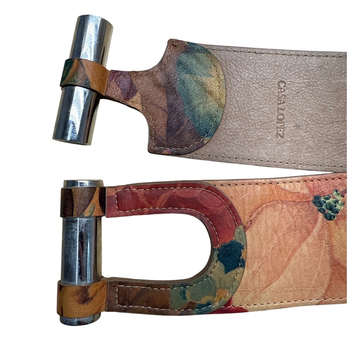 Vintage Casa Lopez Floral Leather Belt With Silver Metal Clasp