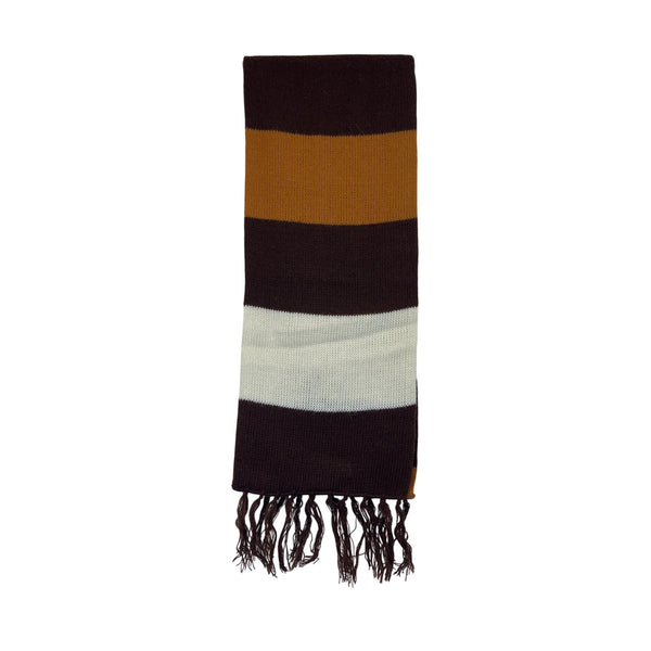 100% Orlon Acrylic Unisex Brown/Orange/Ivory Striped Knit Scarf With Fringe