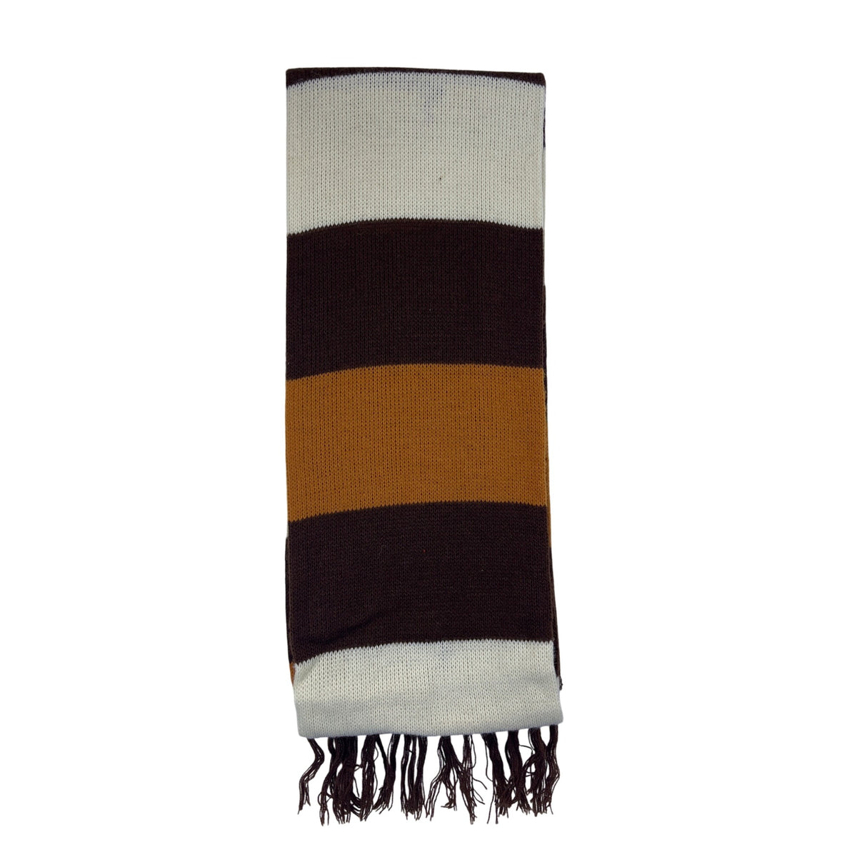 100% Orlon Acrylic Unisex Brown/Orange/Ivory Striped Knit Scarf With Fringe