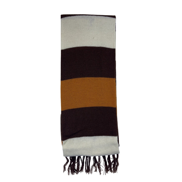 100% Orlon Acrylic Unisex Brown/Orange/Ivory Striped Knit Scarf With Fringe