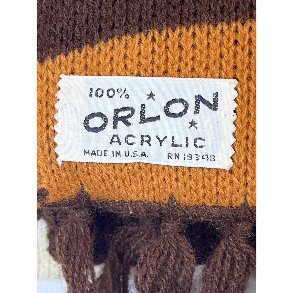 100% Orlon Acrylic Unisex Brown/Orange/Ivory Striped Knit Scarf With Fringe