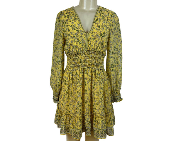 Max Studio Womens Yellow Floral Long-Sleeve V-Neck Smocked Waist Mini Dress Sz S