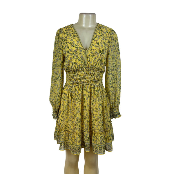 Max Studio Womens Yellow Floral Long-Sleeve V-Neck Smocked Waist Mini Dress Sz S