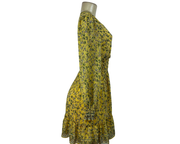 Max Studio Womens Yellow Floral Long-Sleeve V-Neck Smocked Waist Mini Dress Sz S