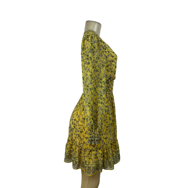 Max Studio Womens Yellow Floral Long-Sleeve V-Neck Smocked Waist Mini Dress Sz S