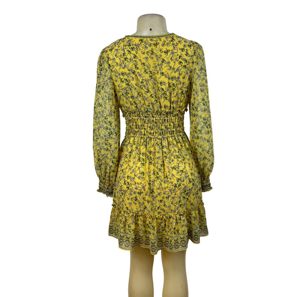 Max Studio Womens Yellow Floral Long-Sleeve V-Neck Smocked Waist Mini Dress Sz S