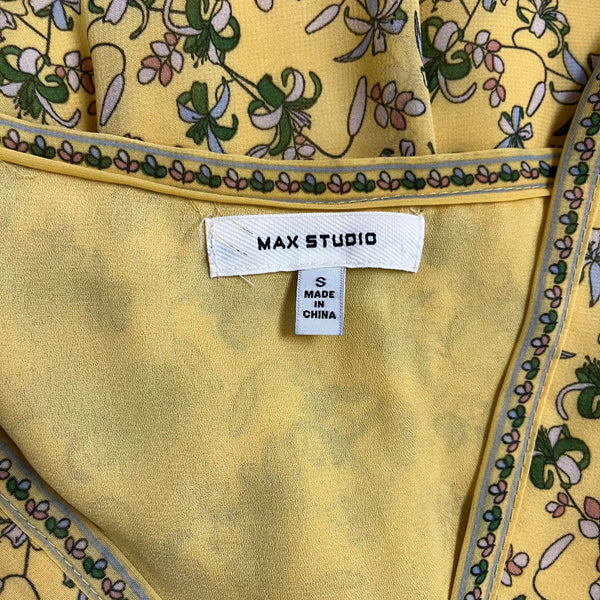 Max Studio Womens Yellow Floral Long-Sleeve V-Neck Smocked Waist Mini Dress Sz S